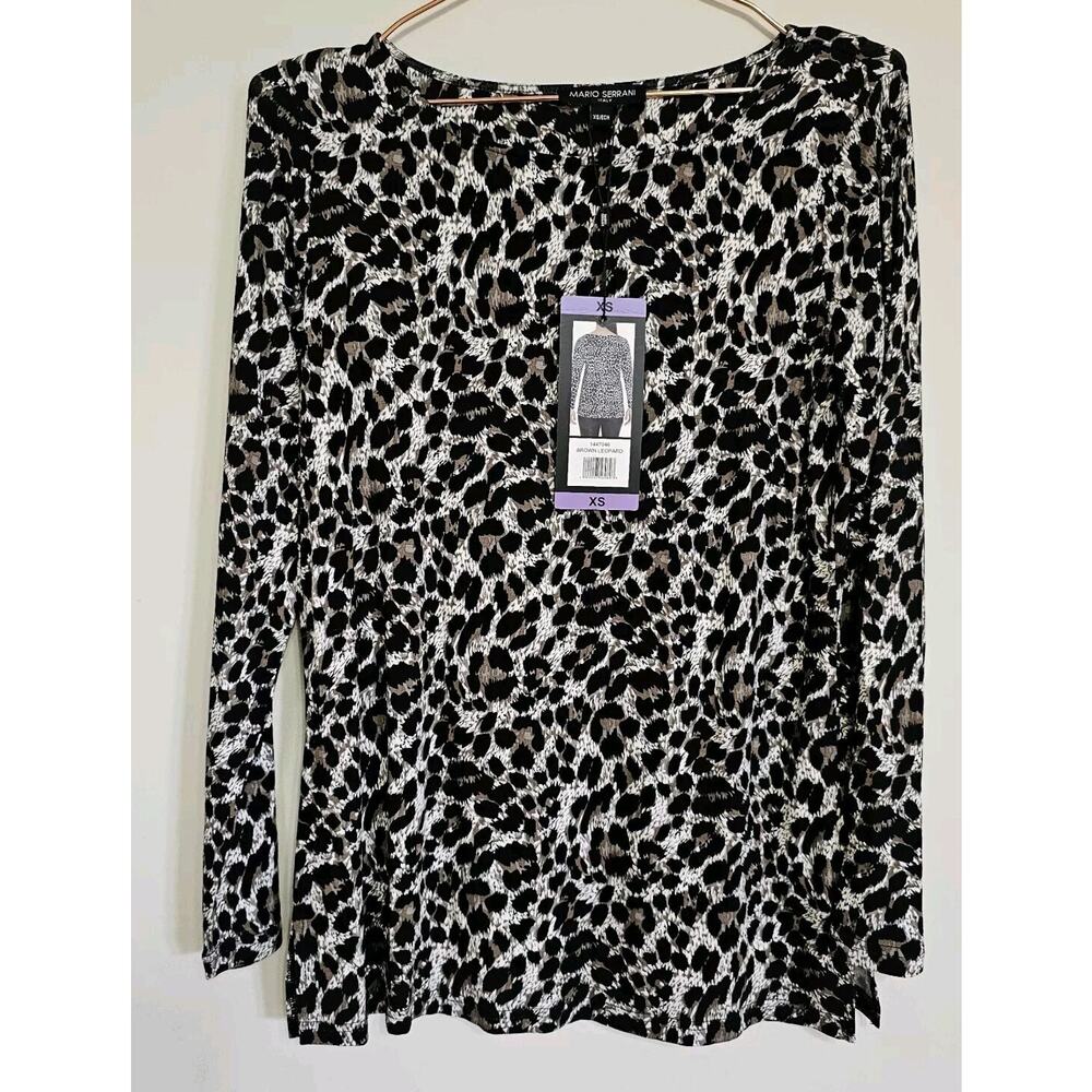 Mario Serrani Crew Neck Long Sleeve Top Brown Leopard Size XS